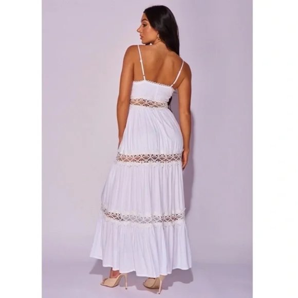White Sleeveless V-Neck Crochet Trim Tiered Maxi Dress - Picture 4 of 9